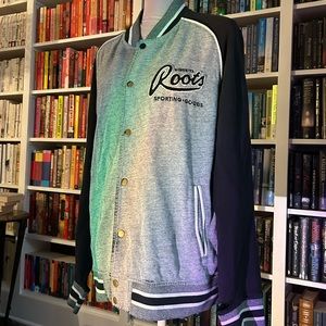 Roots vintage button up jersey style sweater grey black and white